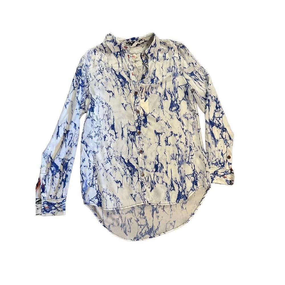 Lemlem Hana Blue white marbled pattern 100%‎ Silk blouse sz small